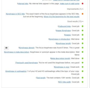 הפירוט של SEO Yoast לגבי האופטימזציה של המאמר על פי מילת המפתח שבחרתם