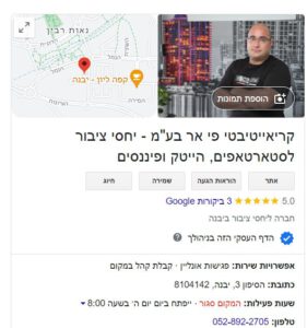 כרטיס עסק בגוגל של קריאייטיביטי פי אר בע"מ, חברה המעניקה שירותי יחסי ציבור לסטארטאפים וקרנות הון סיכון
